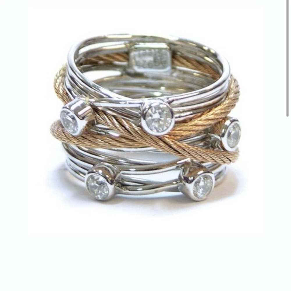 NWB CHARRIOL Tango Silver 925 Swiss Multirow Paved Ring Size 7.5 w/RoseGold Wire